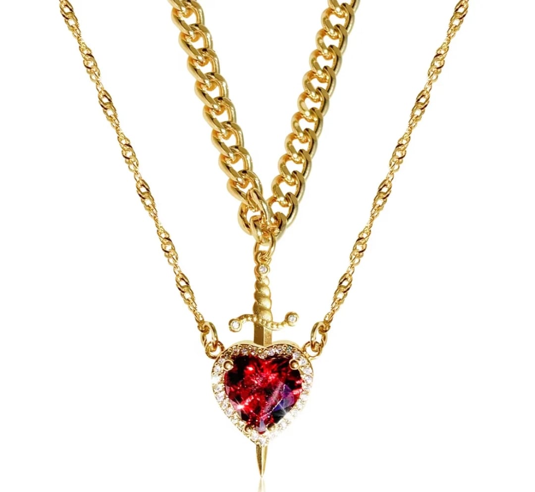 Embossed Heart and Sword Necklace Set