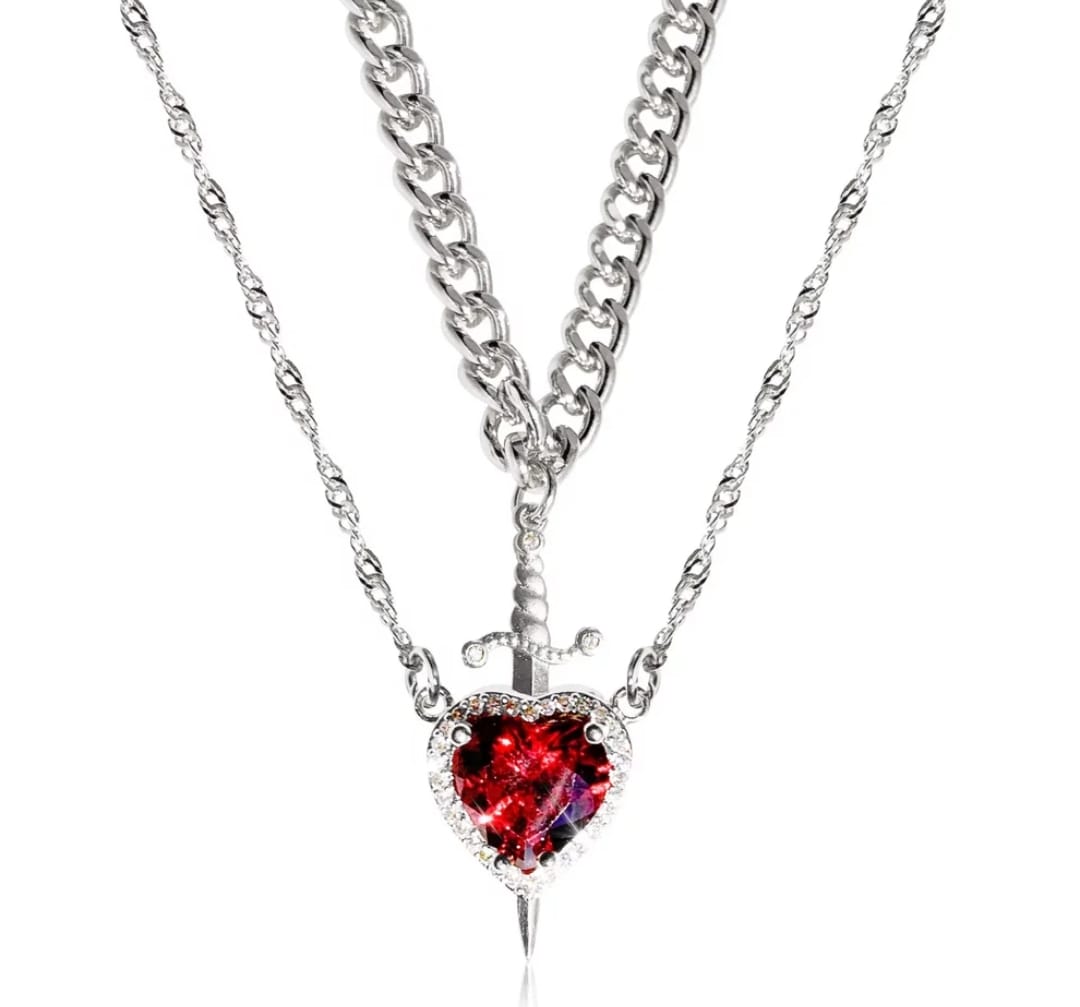 Embossed Heart and Sword Necklace Set